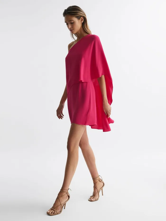 Reiss Dresses Blake One Shoulder Cape Mini Dress Bright Pink 8211 Women