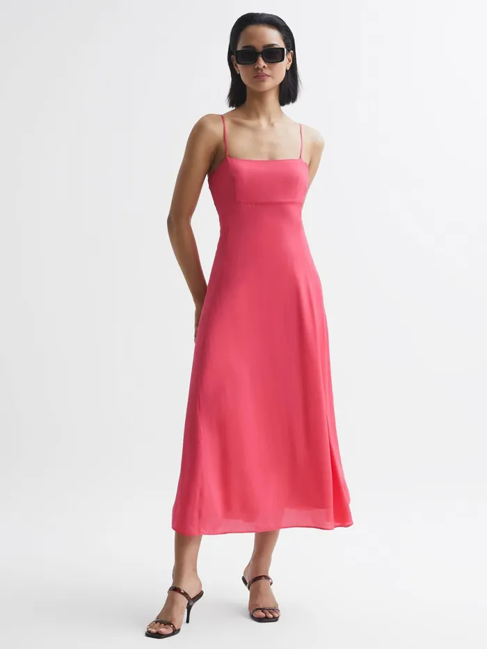 Reiss Dresses Bonnie Plain Square Neck Fitted Midi Dress Coral 8211 Women
