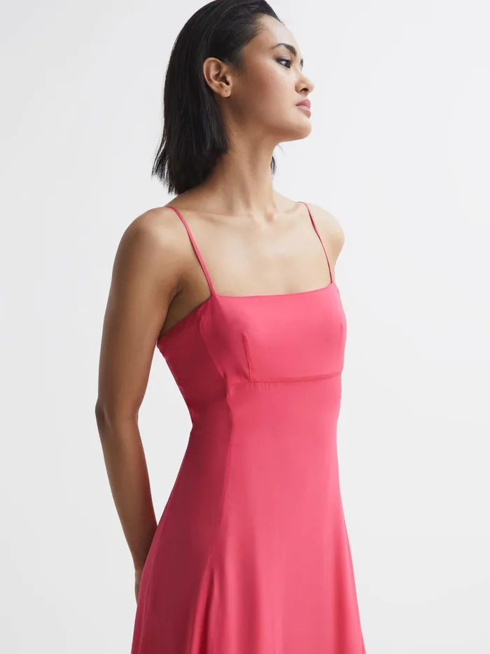 Reiss Dresses Bonnie Plain Square Neck Fitted Midi Dress Coral 8211 Women