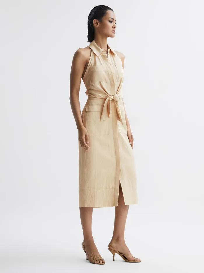 Reiss Dresses Camilla Fitted Linen Blend Collared Dress Neutral 8211 Women