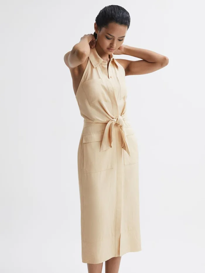 Reiss Dresses Camilla Fitted Linen Blend Collared Dress Neutral 8211 Women