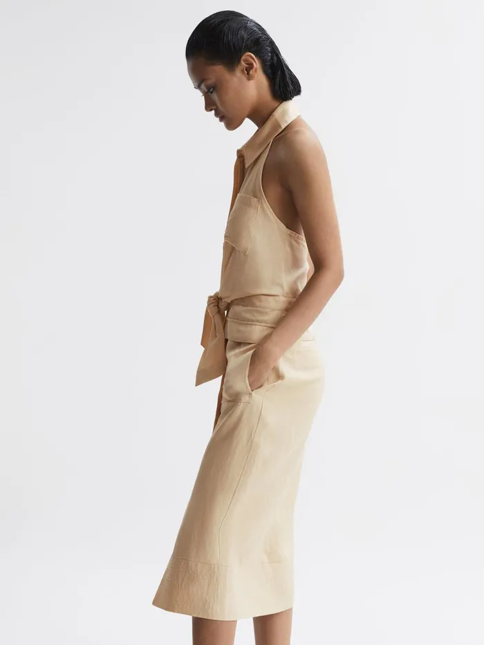Reiss Dresses Camilla Fitted Linen Blend Collared Dress Neutral 8211 Women