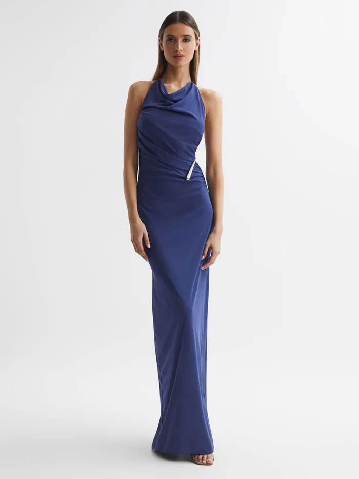 Reiss Dresses Christina Halston Halter Neck Fitted Maxi Dress Dark Blue 8211 Women