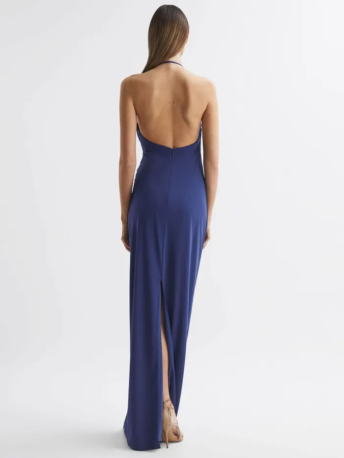 Reiss Dresses Christina Halston Halter Neck Fitted Maxi Dress Dark Blue 8211 Women