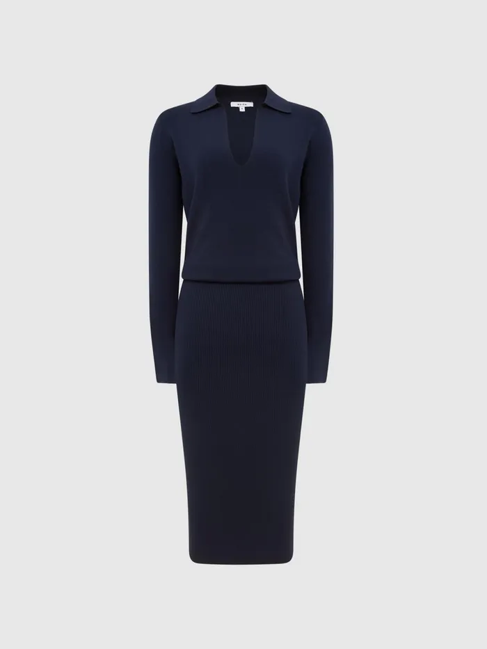 Reiss Dresses Elaina RibKnitted Midi Dress Navy 8211 Women