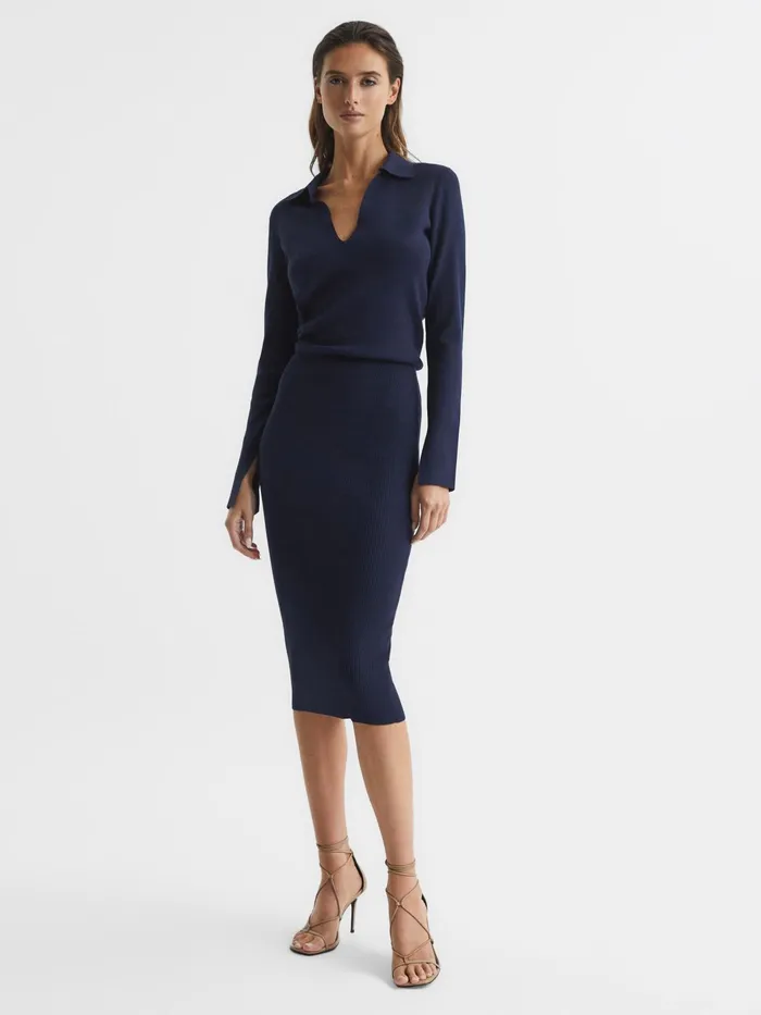 Reiss Dresses Elaina RibKnitted Midi Dress Navy 8211 Women