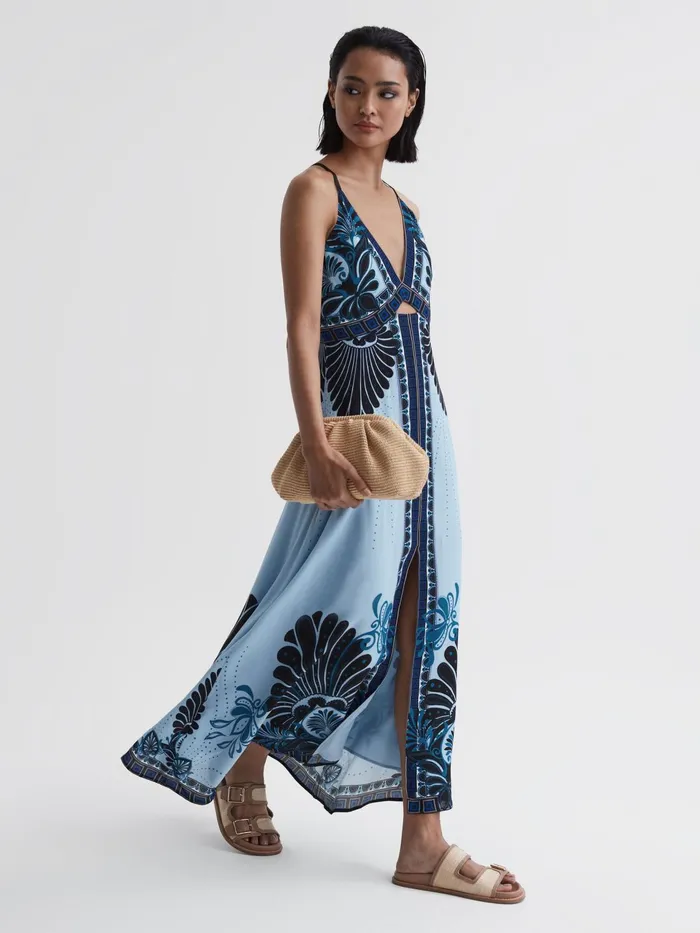 Reiss Dresses Emerson Printed VNeck Maxi Dress Blue 8211 Women