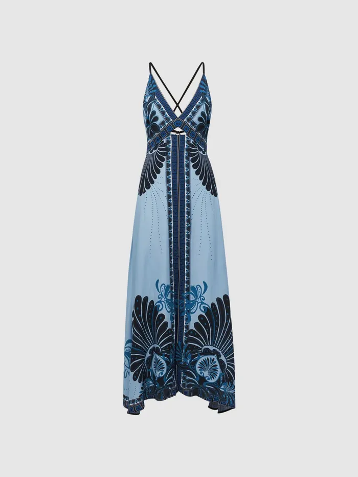 Reiss Dresses Emerson Printed VNeck Maxi Dress Blue 8211 Women