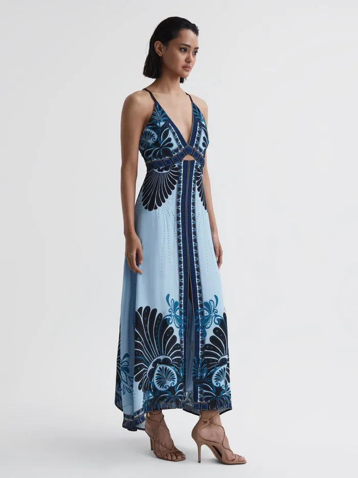 Reiss Dresses Emerson Printed VNeck Maxi Dress Blue 8211 Women