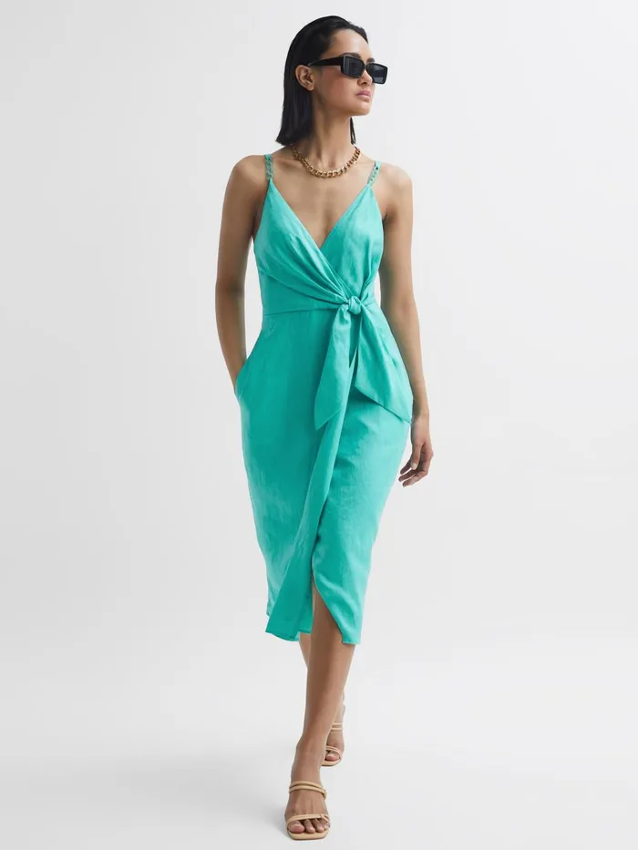 Reiss Dresses Esme Linen Side Tie Midi Dress Aqua 8211 Women