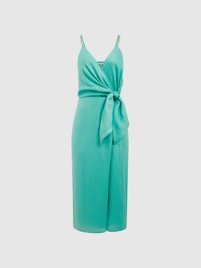 Reiss Dresses Esme Linen Side Tie Midi Dress Aqua 8211 Women