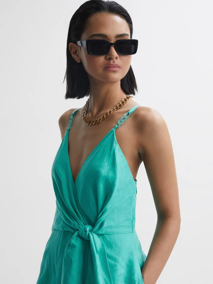 Reiss Dresses Esme Linen Side Tie Midi Dress Aqua 8211 Women