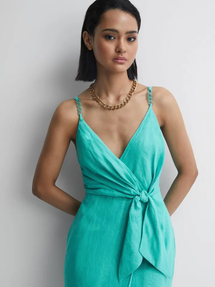 Reiss Dresses Esme Linen Side Tie Midi Dress Aqua 8211 Women