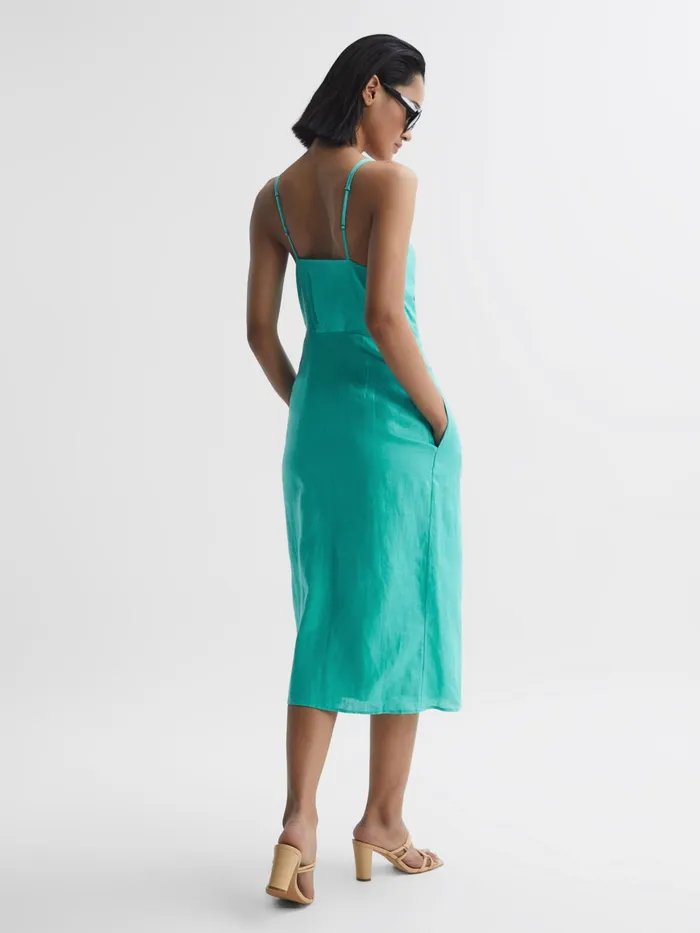 Reiss Dresses Esme Linen Side Tie Midi Dress Aqua 8211 Women