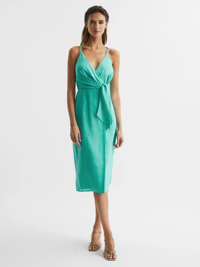 Reiss Dresses Esme Linen Side Tie Midi Dress Aqua 8211 Women