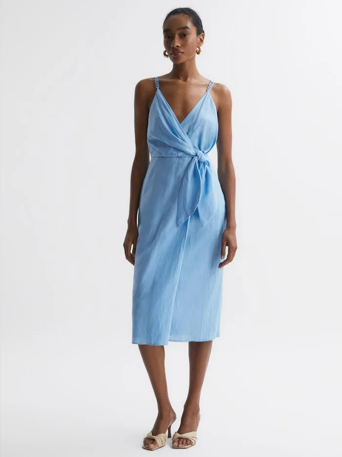 Reiss Dresses Esme Linen Side Tie Midi Dress Blue 8211 Women