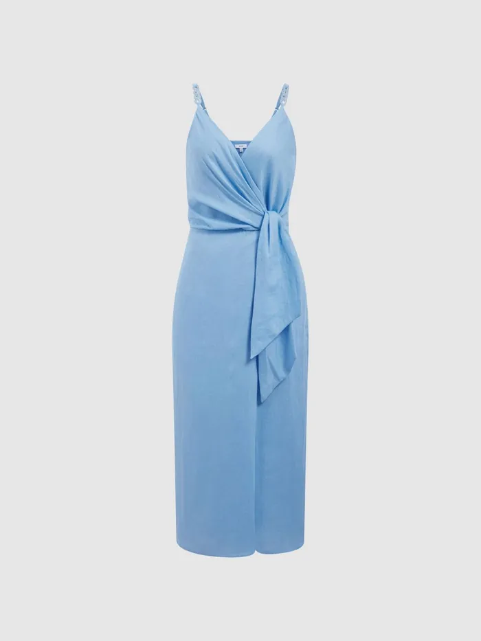 Reiss Dresses Esme Linen Side Tie Midi Dress Blue 8211 Women
