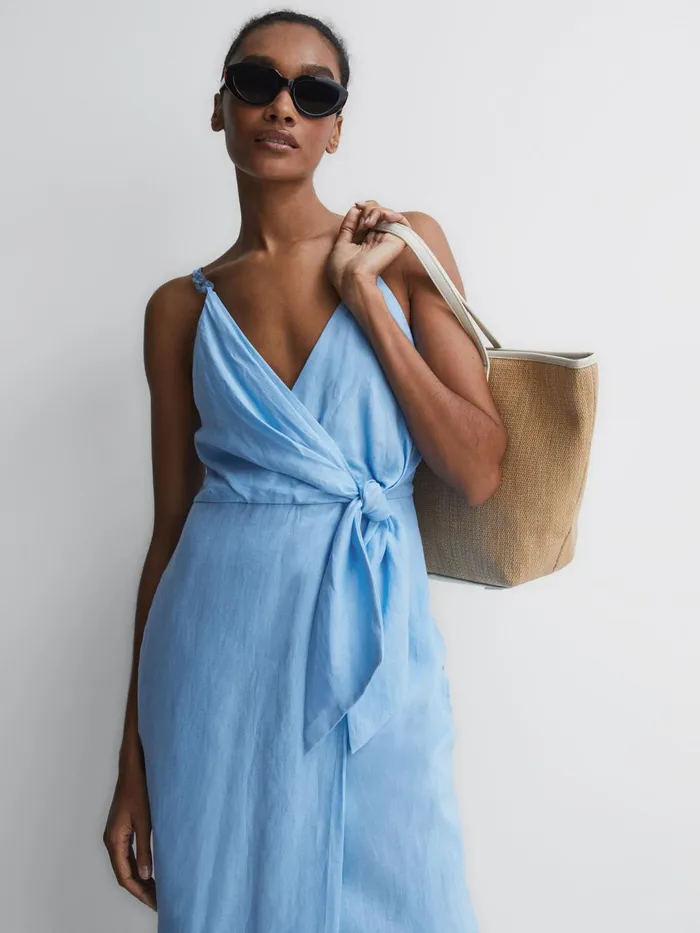 Reiss Dresses Esme Linen Side Tie Midi Dress Blue 8211 Women