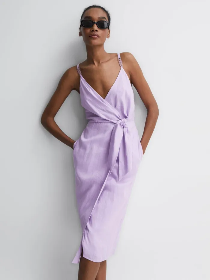 Reiss Dresses Esme Linen Side Tie Midi Dress Lilac 8211 Women