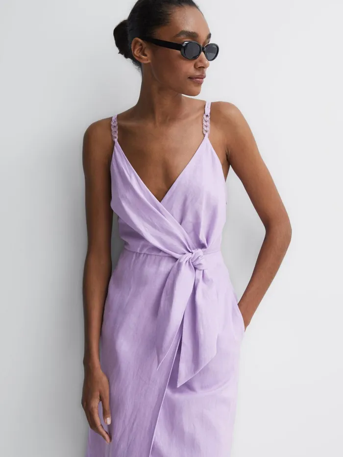 Reiss Dresses Esme Linen Side Tie Midi Dress Lilac 8211 Women