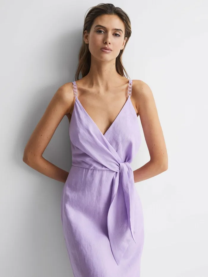 Reiss Dresses Esme Linen Side Tie Midi Dress Lilac 8211 Women