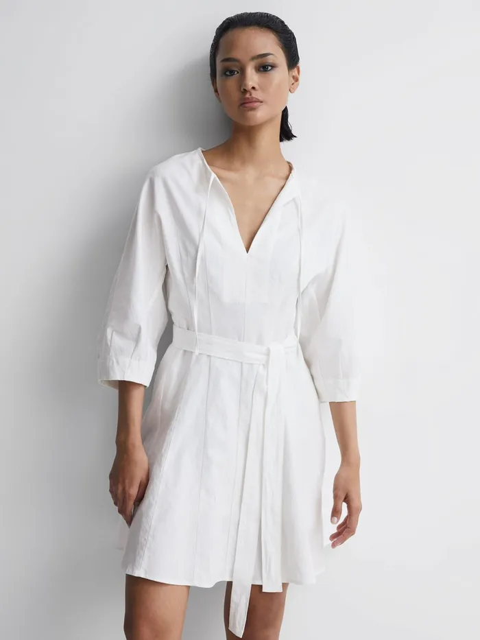Reiss Dresses Freida Relaxed Fit SelfTie Mini Dress Cream 8211 Women