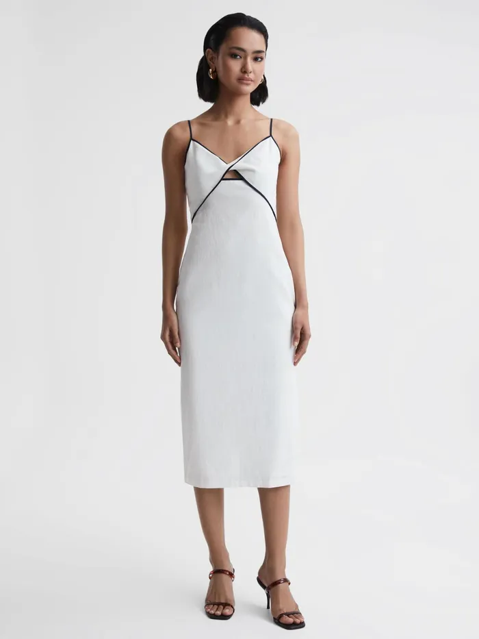 Reiss Dresses Leona Strappy CottonLinen Midi Dress White 8211 Women