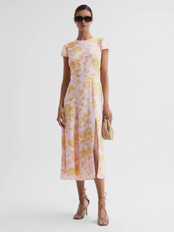 Reiss Dresses Livia Floral CutOut Back Midi Dress Pinkyellow 8211 Women