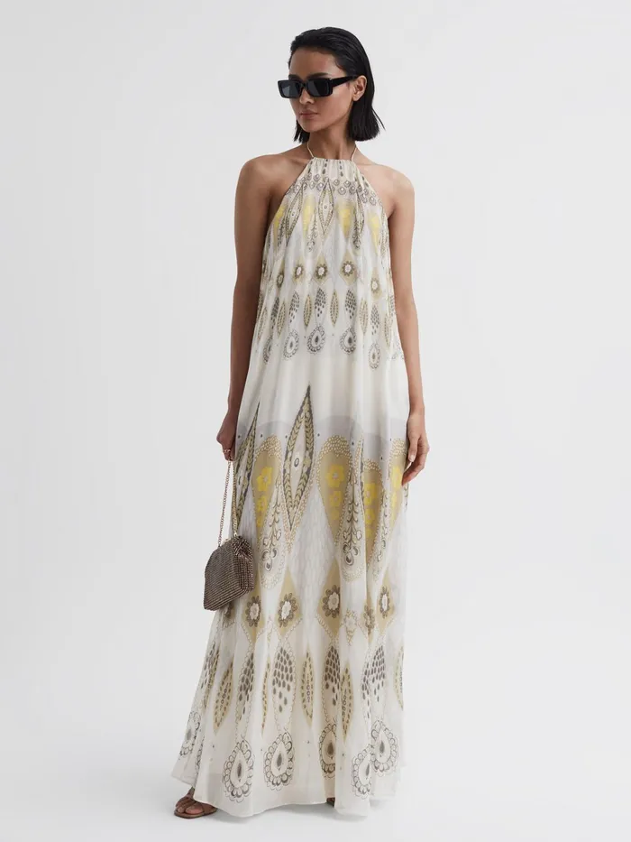 Reiss Dresses Liza Printed Halter Neck Maxi Dress Yellow 8211 Women