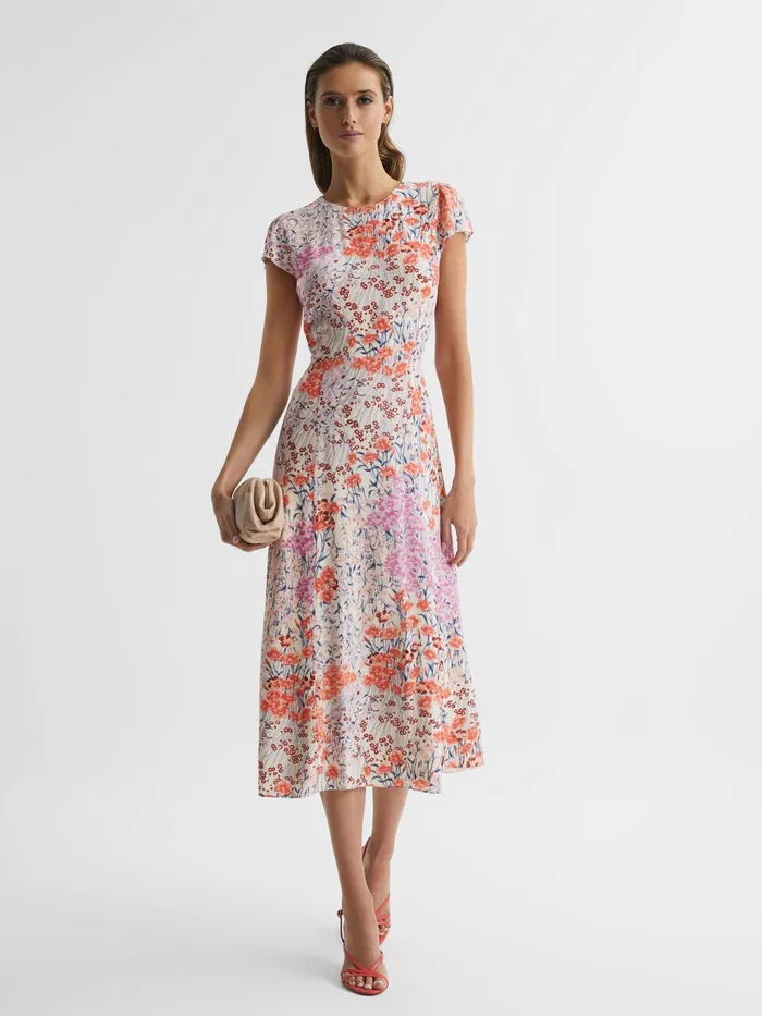 Reiss Dresses Luna Floral Print Cap Sleeve Dress Coralwhite 8211 Women