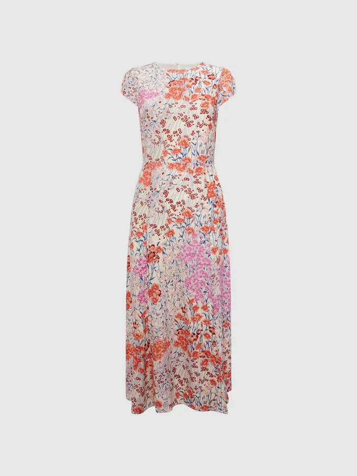 Reiss Dresses Luna Floral Print Cap Sleeve Dress Coralwhite 8211 Women