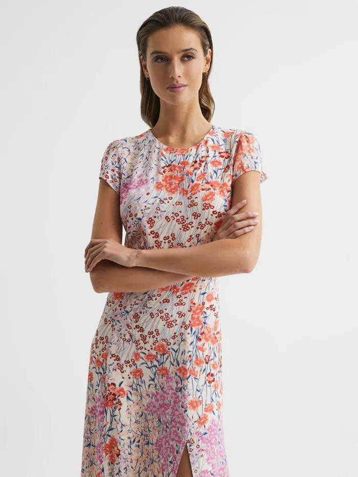 Reiss Dresses Luna Floral Print Cap Sleeve Dress Coralwhite 8211 Women
