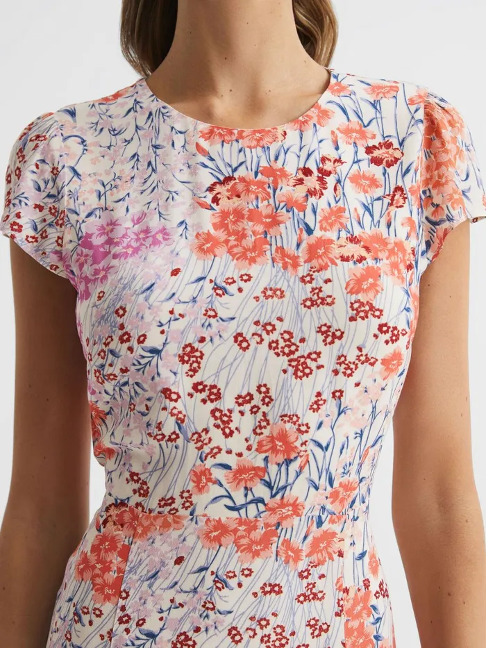 Reiss Dresses Luna Floral Print Cap Sleeve Dress Coralwhite 8211 Women
