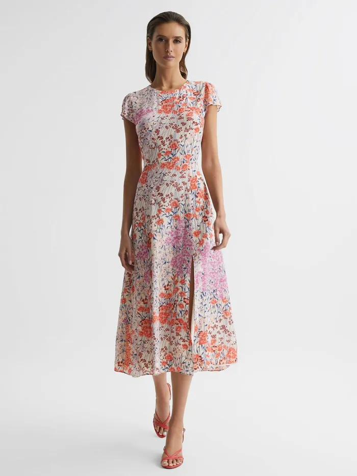 Reiss Dresses Luna Floral Print Cap Sleeve Dress Coralwhite 8211 Women