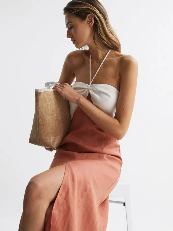 Reiss Dresses Sian Linen Colour Block Midi Dress Rustwhite 8211 Women
