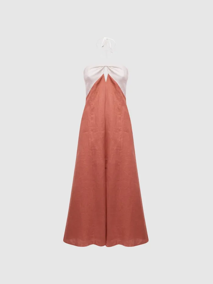 Reiss Dresses Sian Linen Colour Block Midi Dress Rustwhite 8211 Women