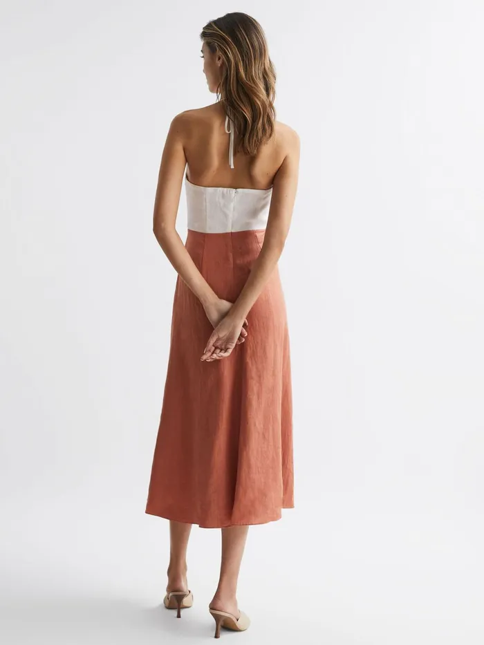 Reiss Dresses Sian Linen Colour Block Midi Dress Rustwhite 8211 Women