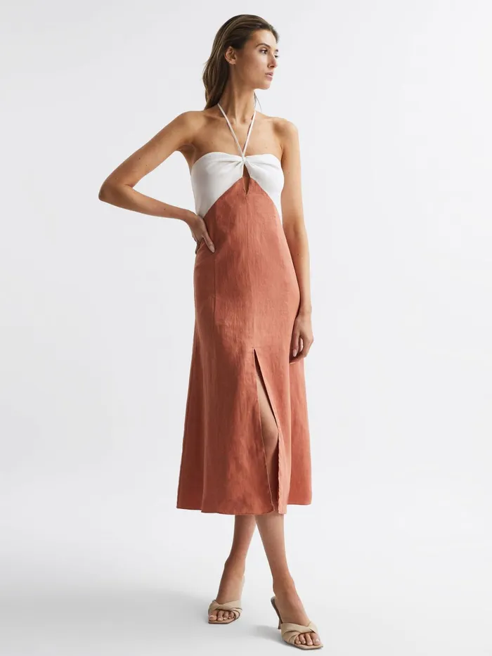 Reiss Dresses Sian Linen Colour Block Midi Dress Rustwhite 8211 Women