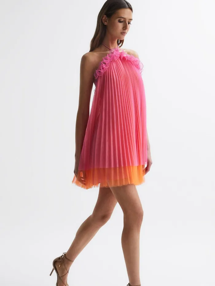 Reiss Dresses Tate Amur Halter Neck Pleated Mini Dress Orange Punch 8211 Women