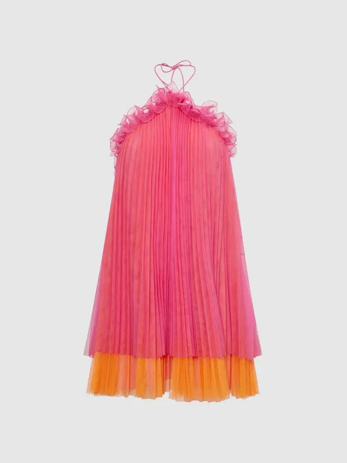 Reiss Dresses Tate Amur Halter Neck Pleated Mini Dress Orange Punch 8211 Women