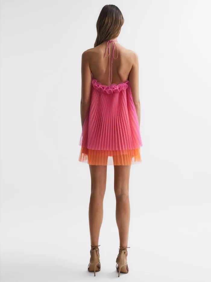 Reiss Dresses Tate Amur Halter Neck Pleated Mini Dress Orange Punch 8211 Women