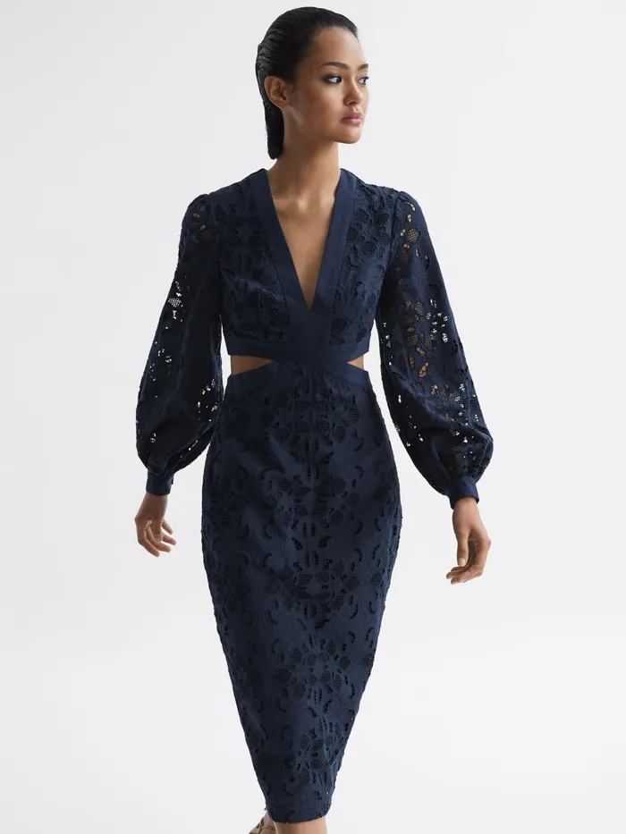 Reiss Dresses Zena Lace CutOut Midi Dress Navy 8211 Women