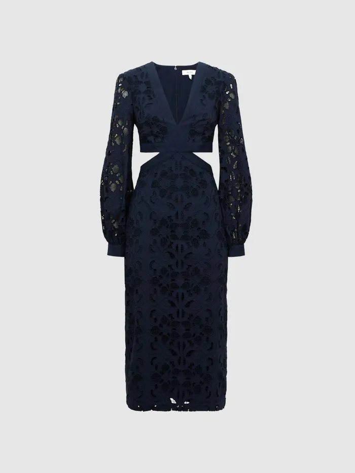 Reiss Dresses Zena Lace CutOut Midi Dress Navy 8211 Women