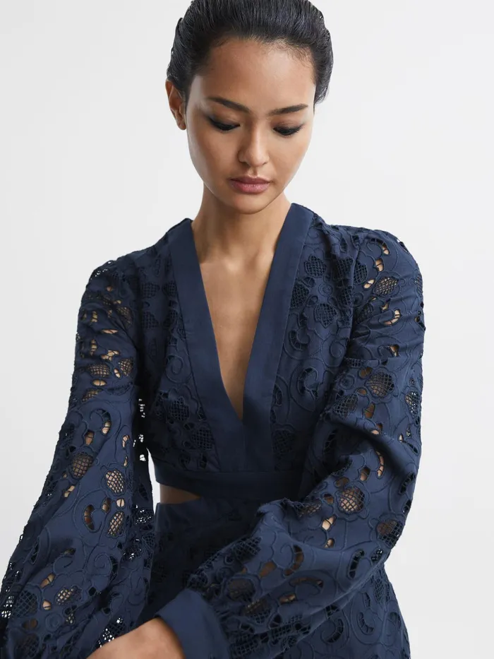 Reiss Dresses Zena Lace CutOut Midi Dress Navy 8211 Women