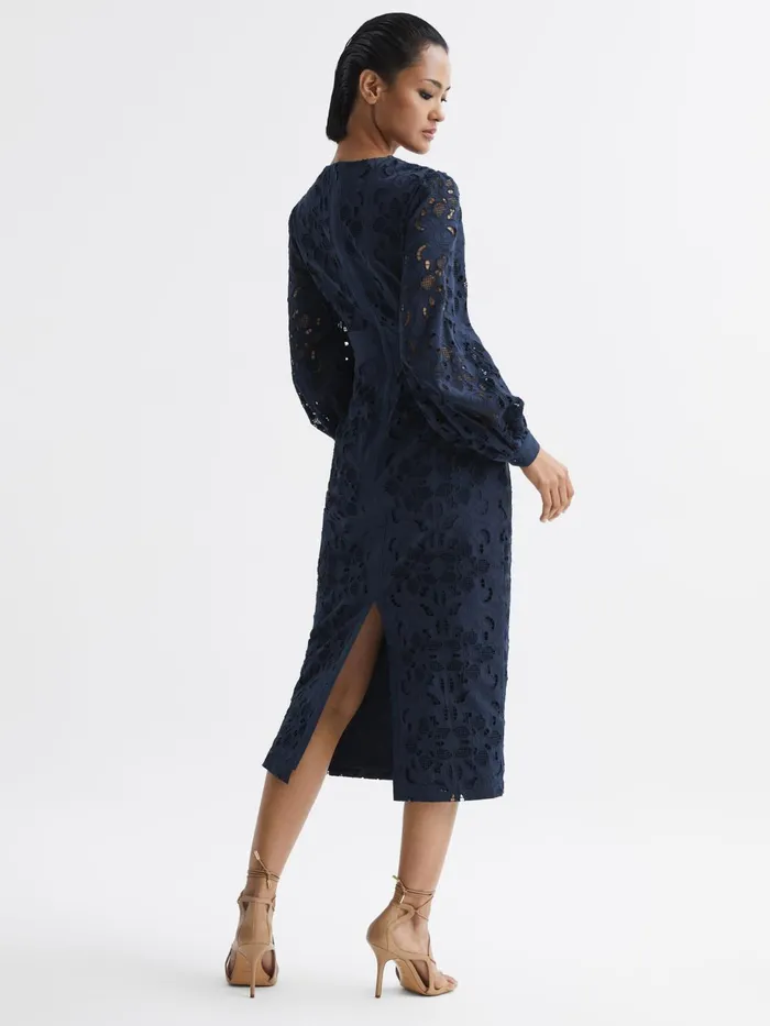 Reiss Dresses Zena Lace CutOut Midi Dress Navy 8211 Women