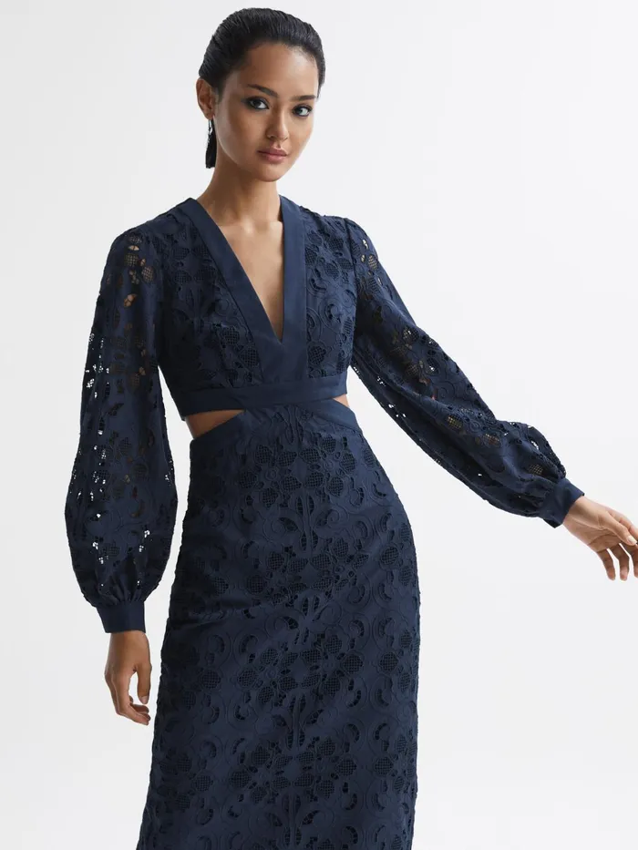 Reiss Dresses Zena Lace CutOut Midi Dress Navy 8211 Women