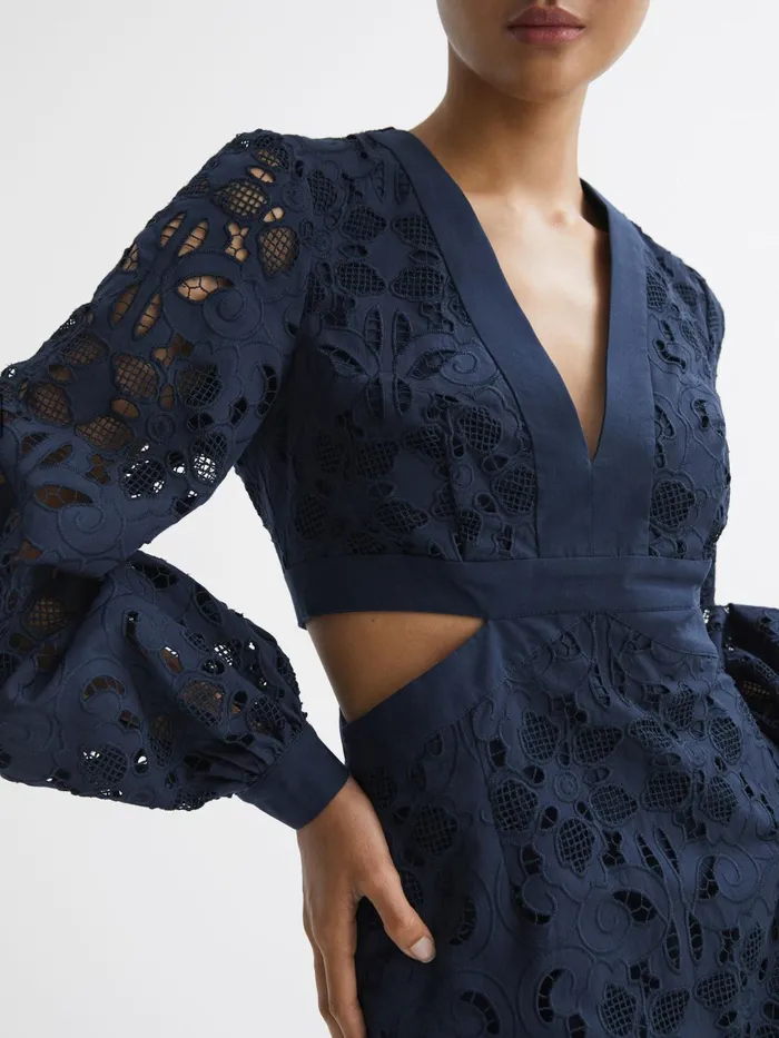 Reiss Dresses Zena Lace CutOut Midi Dress Navy 8211 Women