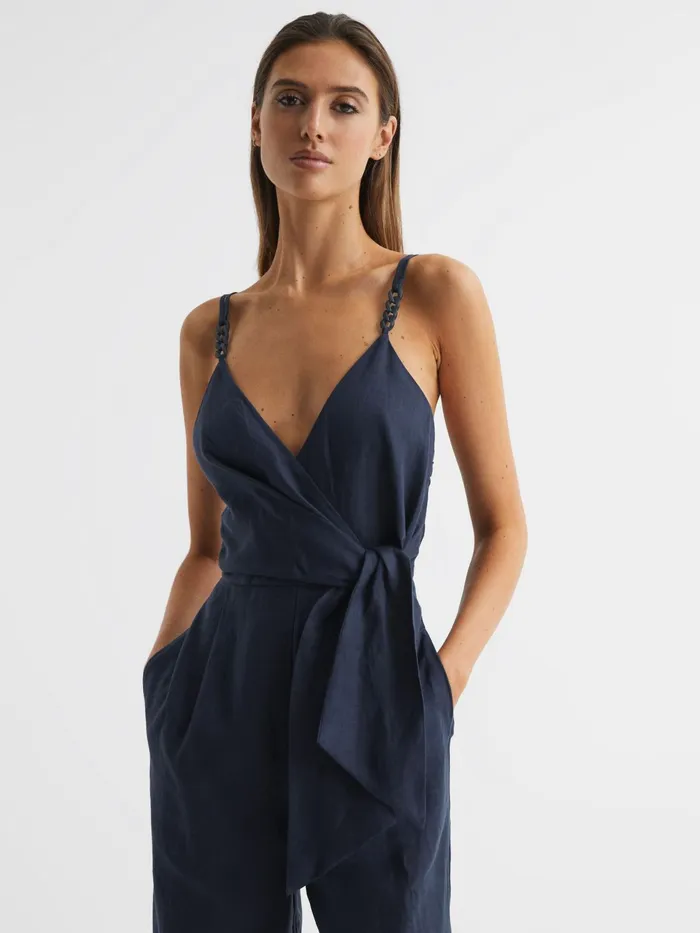 Reiss Jumpsuits Emilia VNeck Linen Jumpsuit Navy 8211 Women