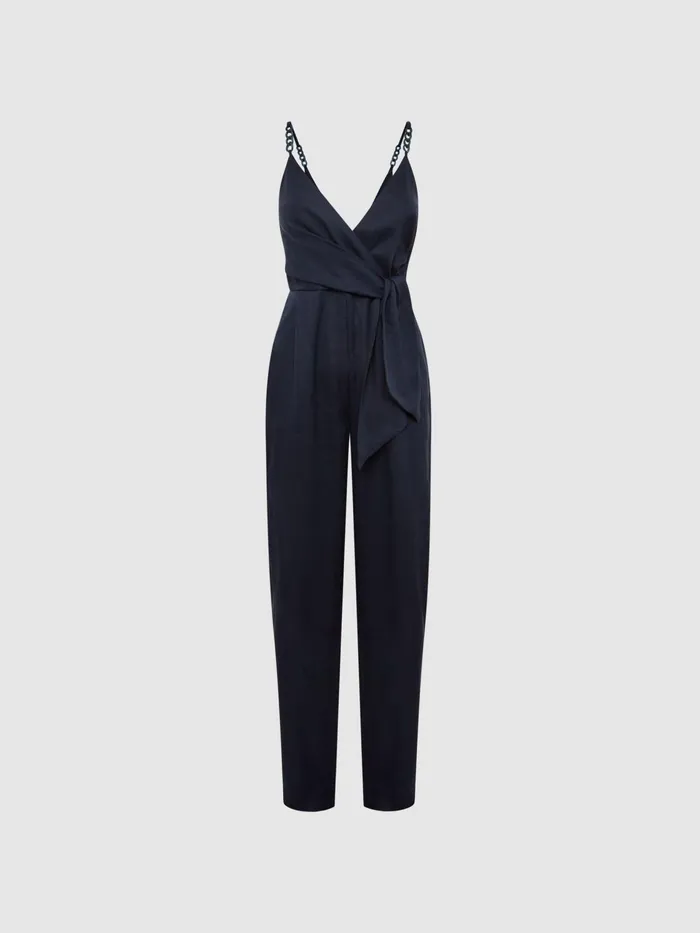 Reiss Jumpsuits Emilia VNeck Linen Jumpsuit Navy 8211 Women