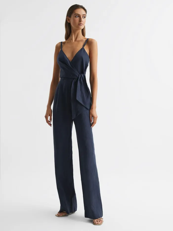 Reiss Jumpsuits Emilia VNeck Linen Jumpsuit Navy 8211 Women